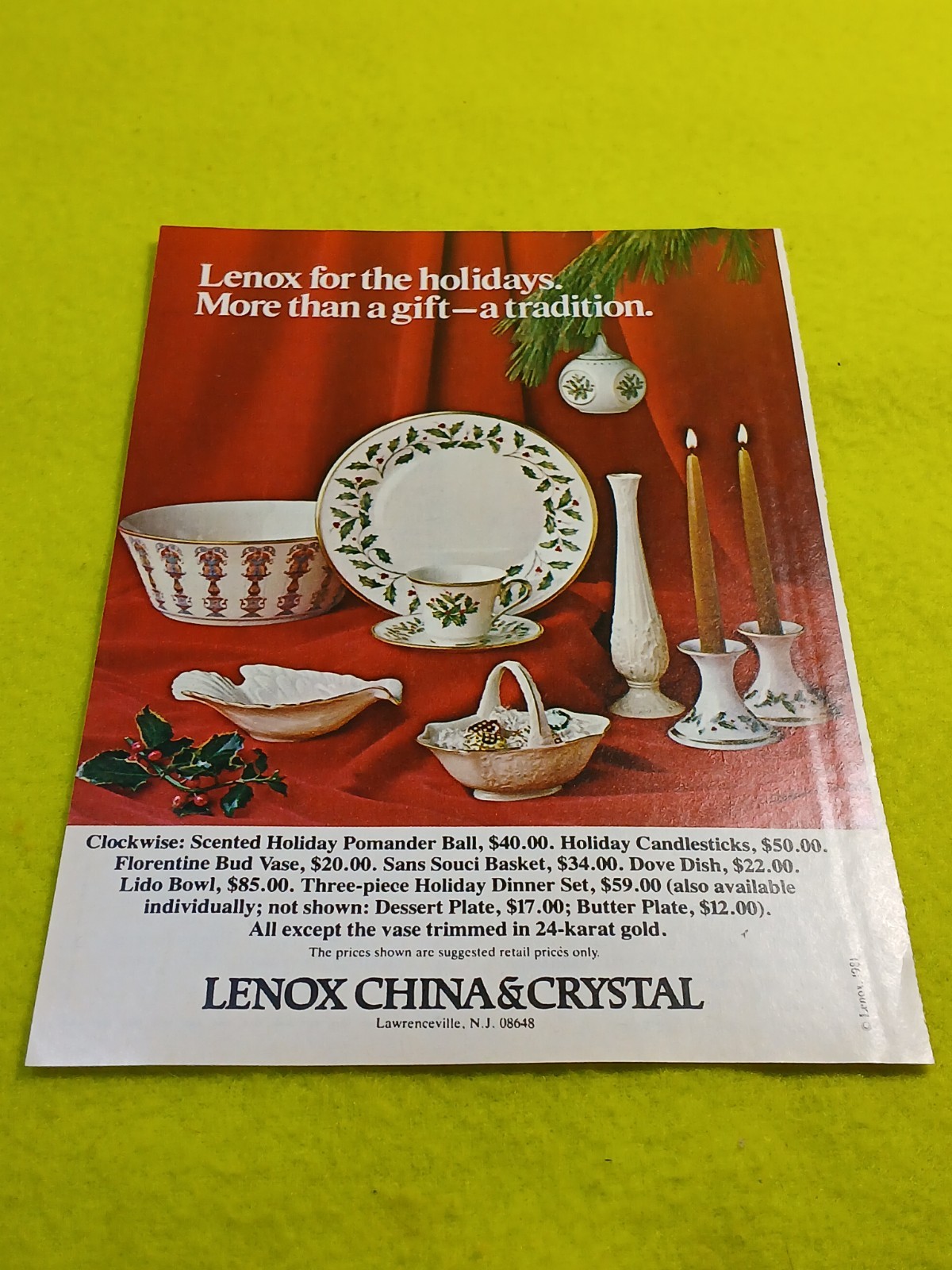Lenox China & Crystal Vintage Print Ad 1981 Christmas