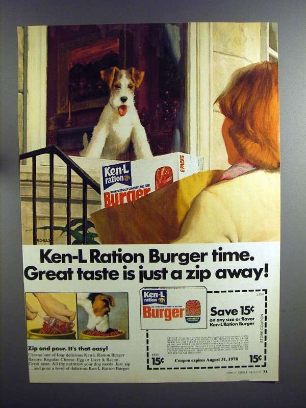 1977 Ken-L Ration Burger Dog Food Ad – Great Taste