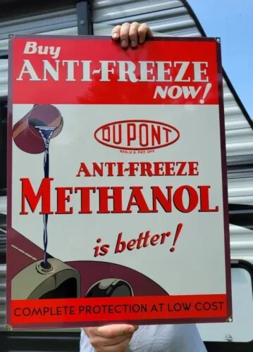 LARGE VINTAGE DU PONT ANTIFREEZE PORCELAIN METAL FLUIDS SIGN 24″ X 18″