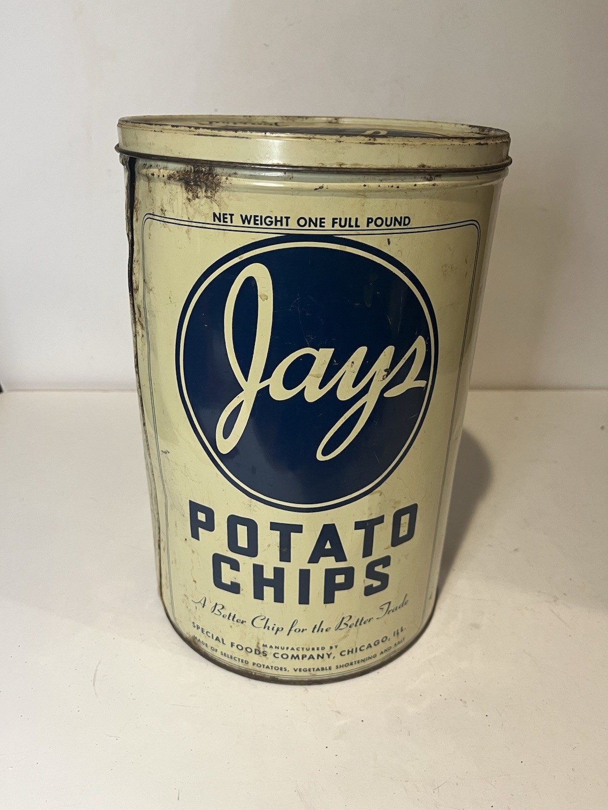 VINTAGE JAYS POTATO CHIP TIN 11.5″ Height 1940’s Shows Wear Rust