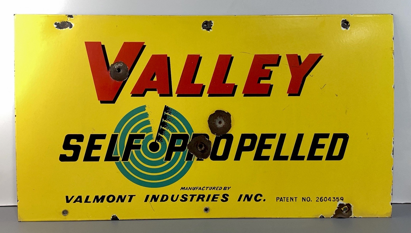 Vintage 1950s Valmont Valley Self Propelled Irrigation Porcelain Sign