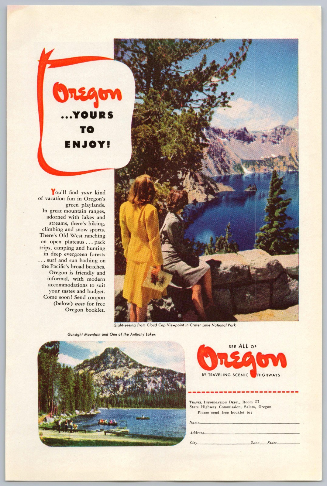 1947 Oregon Tourism Vintage Print Ad Crater Lake National Park Travel Wall Art