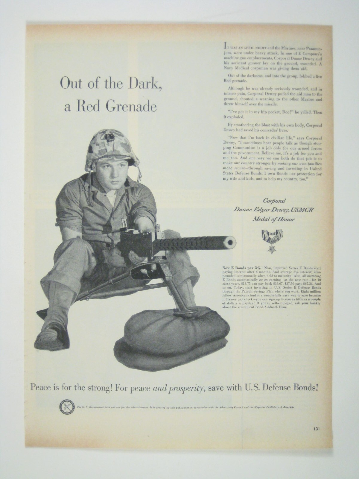 Vintage US Defense Bonds Ad Corporal Duane Dewey Medal Of Honor Print 1953