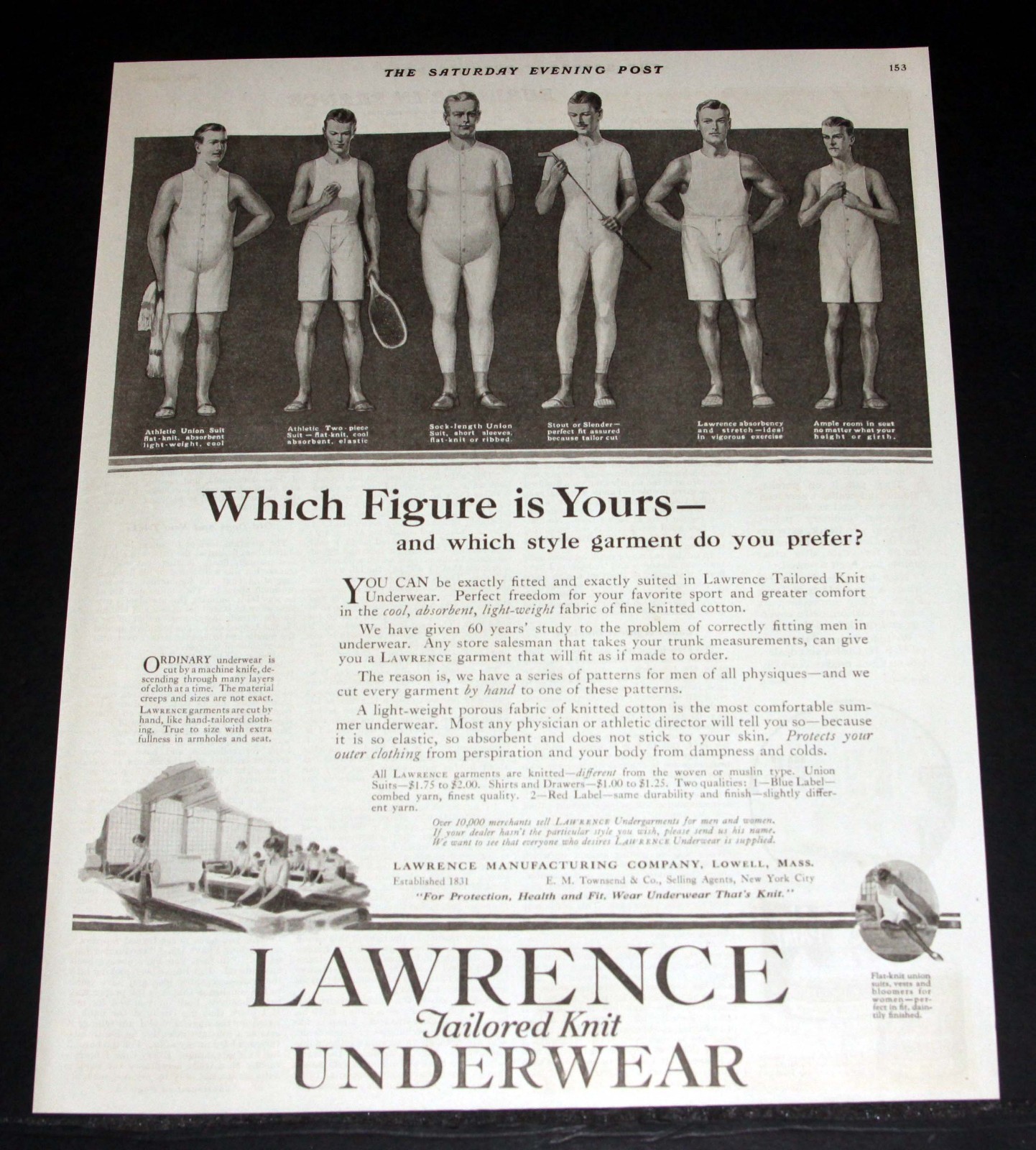 1923 OLD MAGAZINE PRINT AD, LAWRENCE TAILORED UNDERWEAR-WHICH FIGURE IS YOURS?