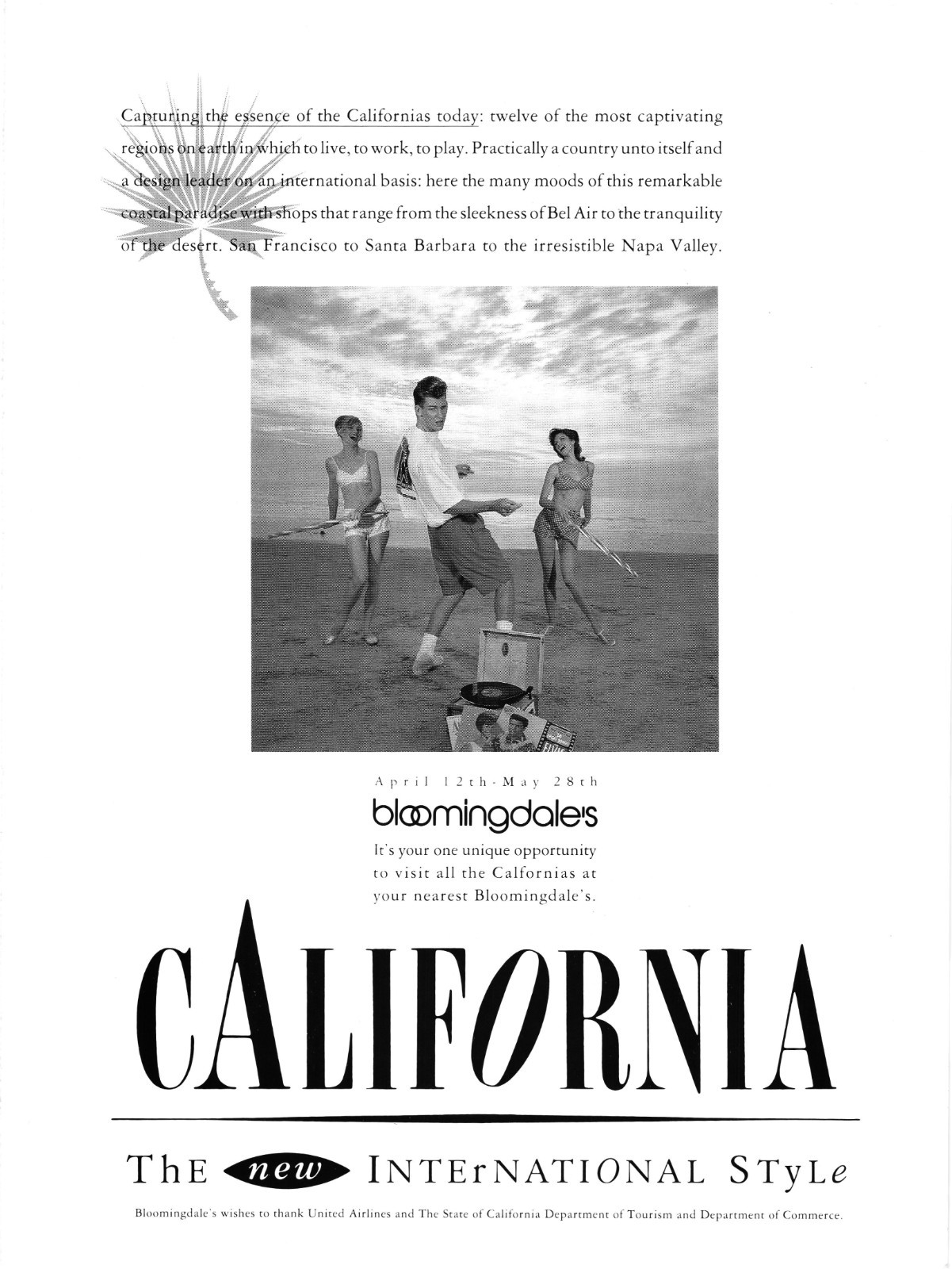 80s Print Ad Young People Playing on a Beach in 1950s California Swimwear 626