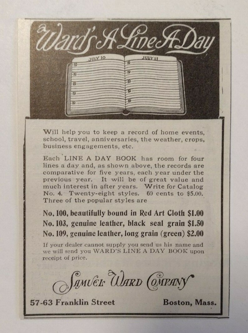 1911 Ward’s Line A Day Advertisement Samuel Ward Company Boston, Mass.