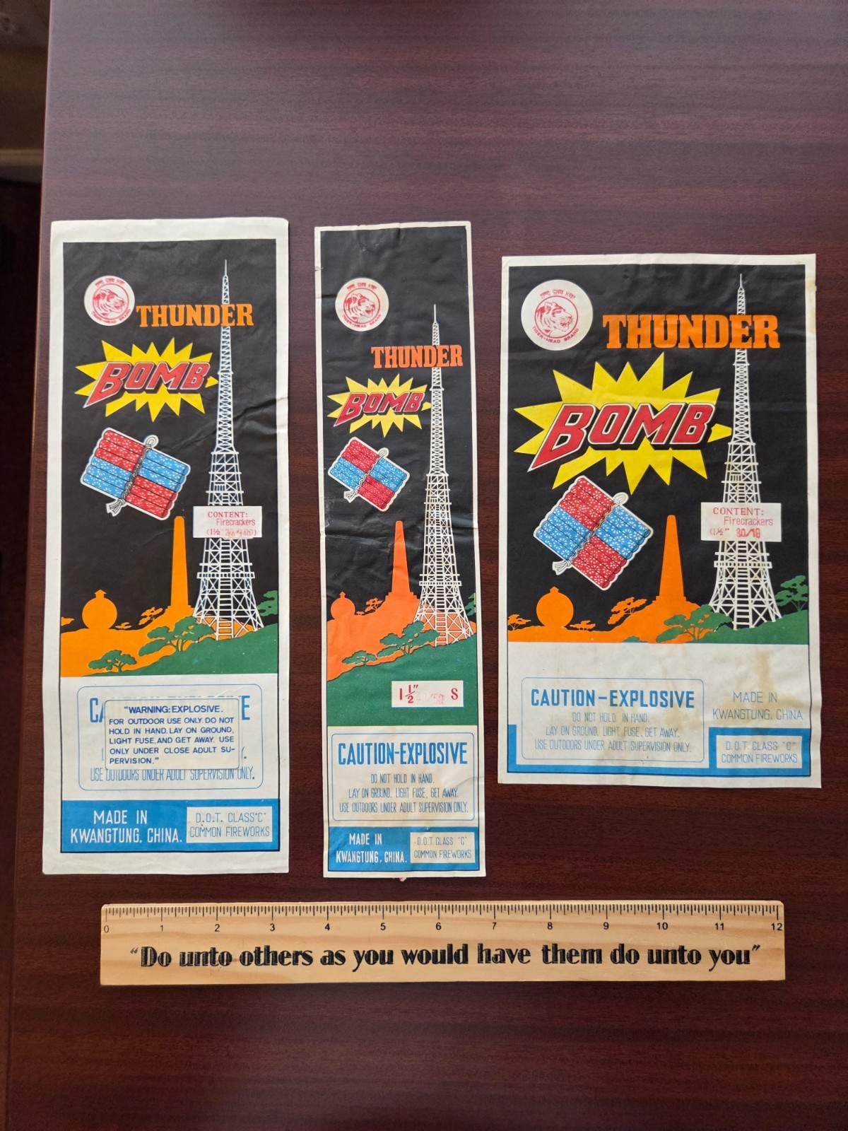 Vintage Thunder Bomb Firecracker labels. Set of 3 different ones.