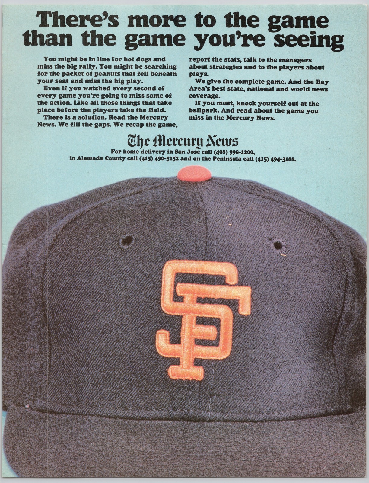 Mercury News Baseball Cap Game Complete Coverage Bay Area 1984 Print Ad