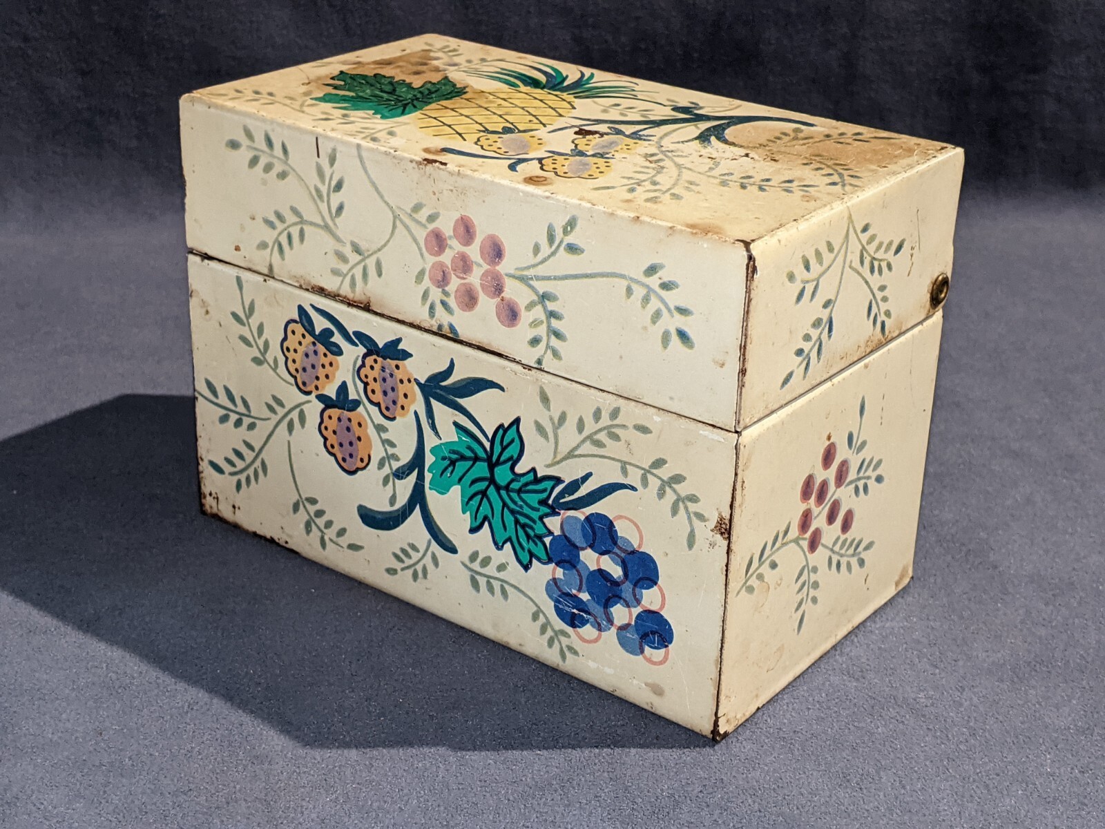 Vintage Tin Recipe Box J Chein & Co USA Lift Top Metal Fruit Colorful (PL190)