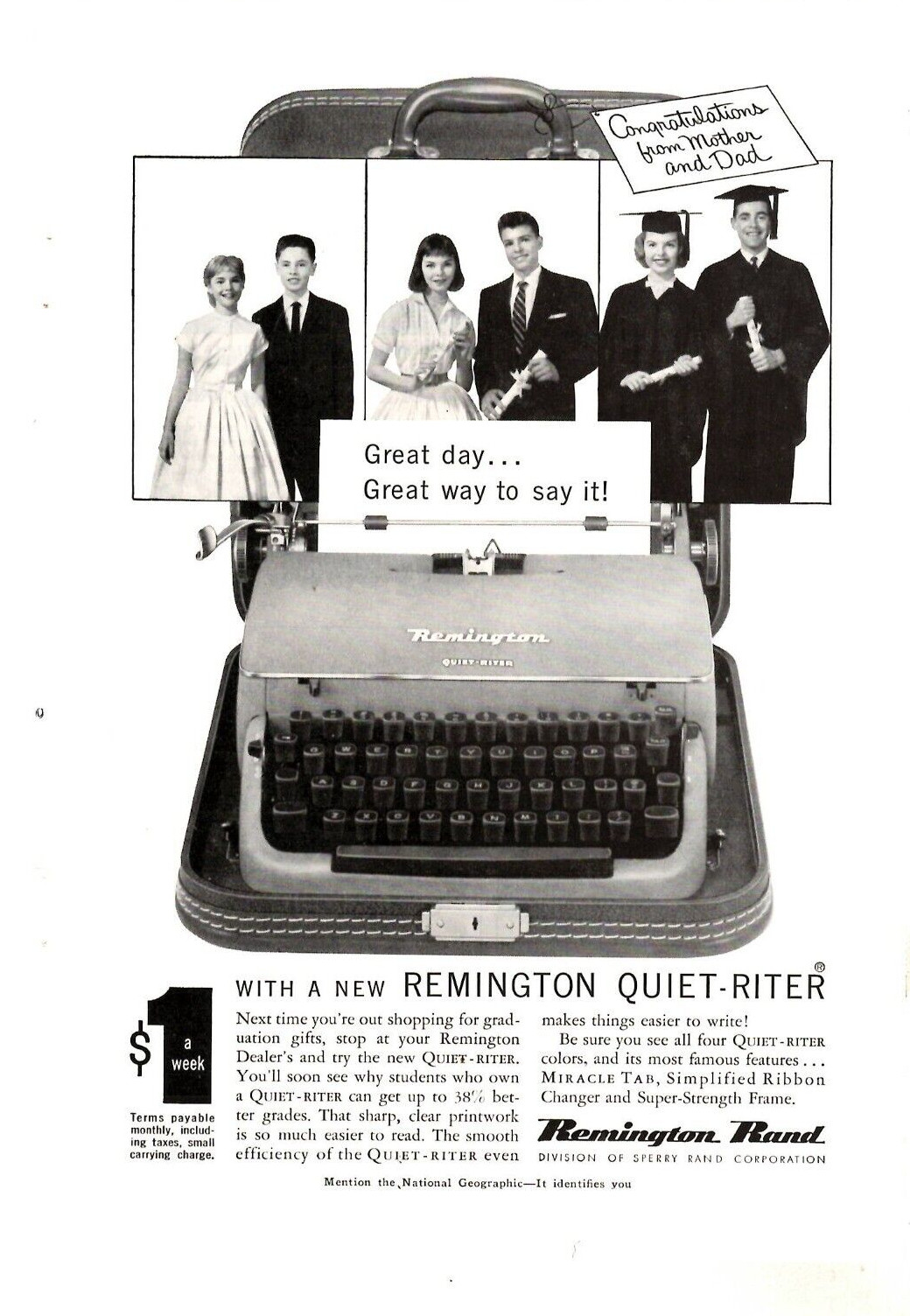 1957 Print Ad Remington Rand Typewriter Graduation Congratulations from Mom Dad