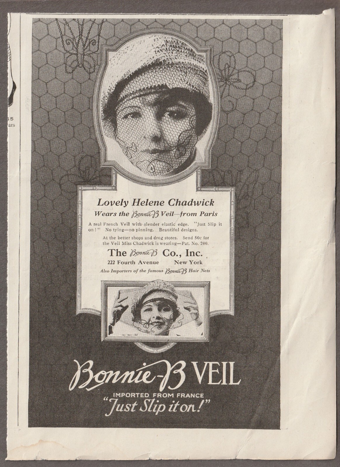 1920 BONNIE-B Co. VEIL Magazine AD ~HELENE CHADWICK~ Velvet Grip Hose SUPPORTERS