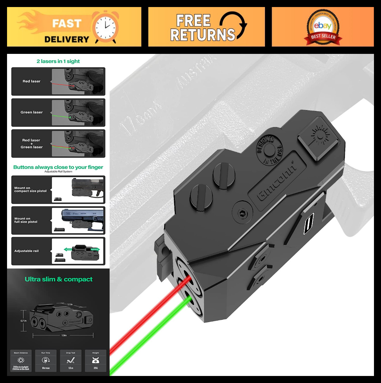 Rechargeable Low Profile Tactical Light – Green/Blue/Red/IR/Purple Beams, 21MM R