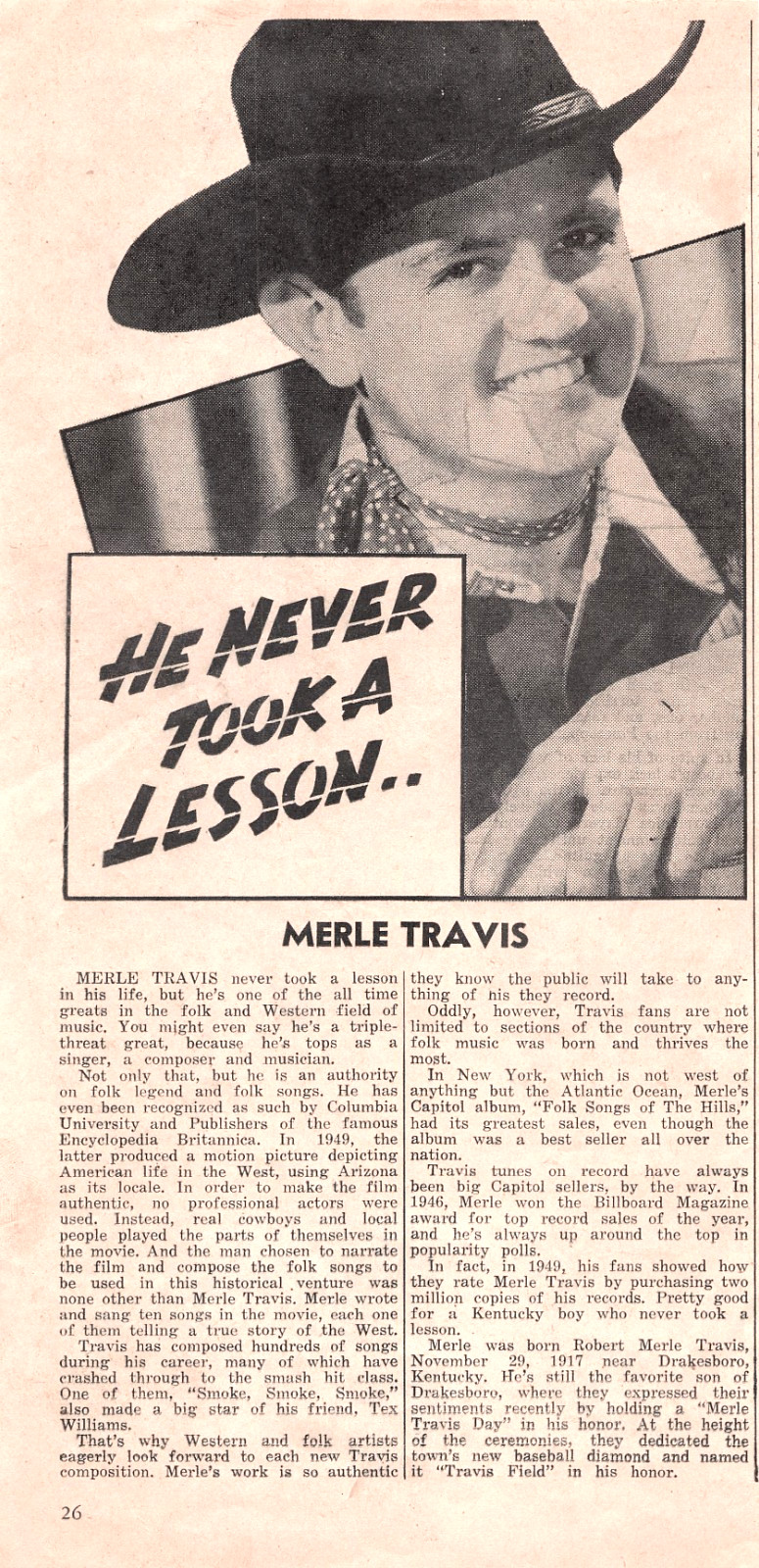 Merle Travis He Never Took A Lesson Folk Country Singer 1953 Magazine Article
