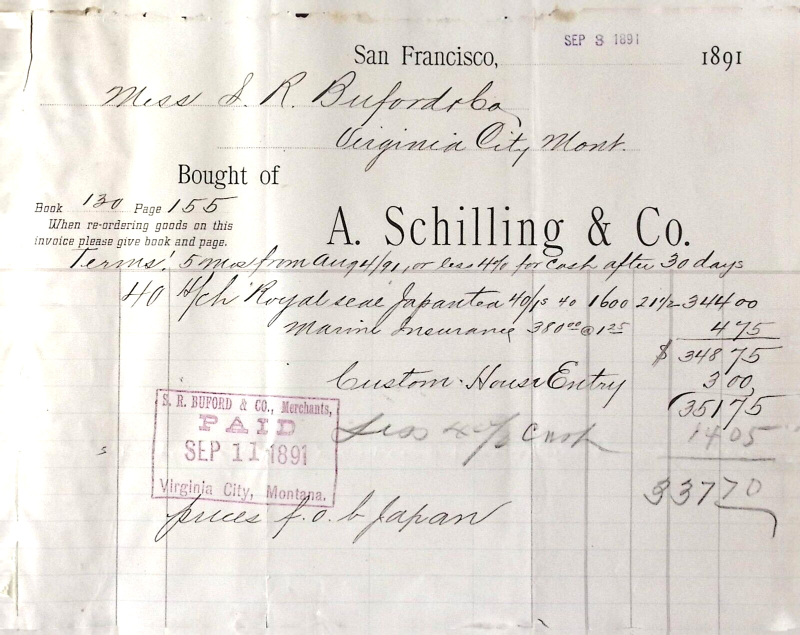 1891 A. Schilling & Co SAN FRANCISCO CA to S.R. Burford VIRGINIA CITY MT