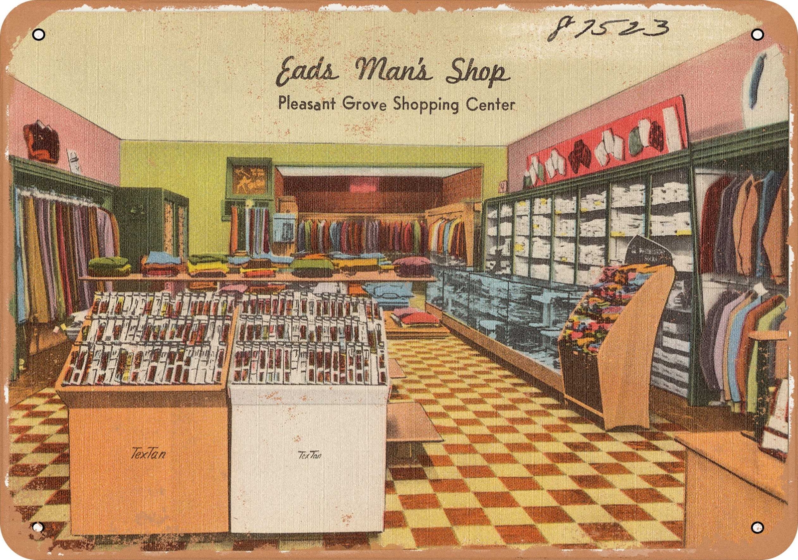 Metal Sign – Texas Postcard – Eads Man’s Shop, Pleasant Grove Shopping Center b