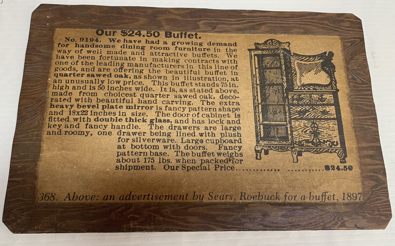 Antique Wood Sign Sears, Roebuck Advertising Our $24.50 Buffet Wood/Paper Label