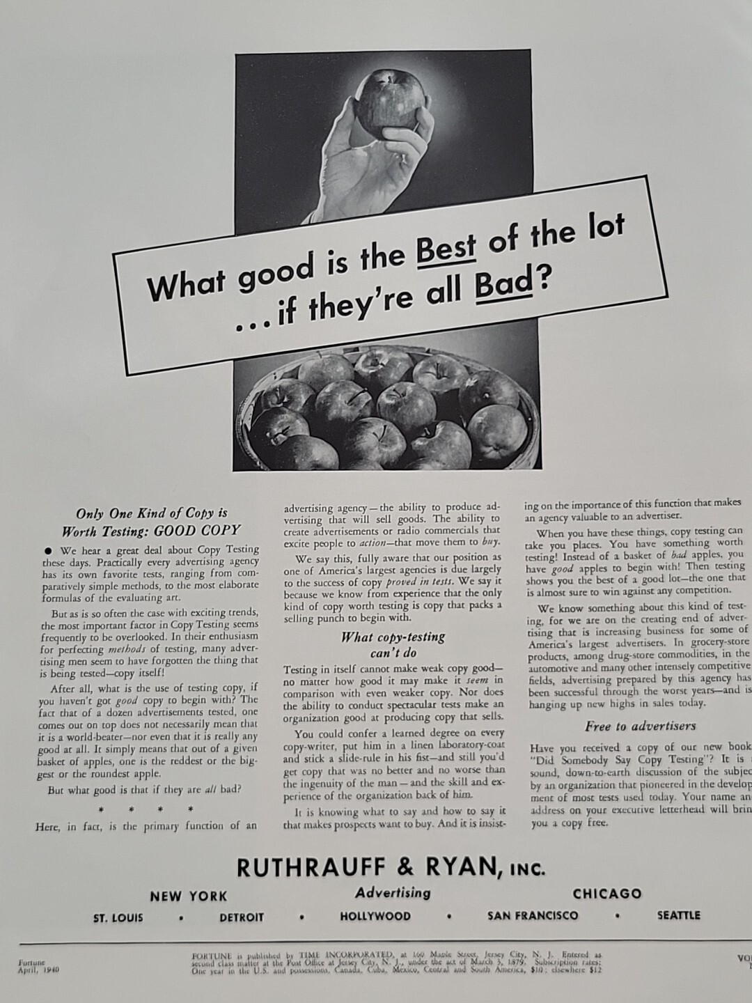 1940 Ruthrauff & Ryan Fortune Magazine WW2 Print Advertising Agency Apples