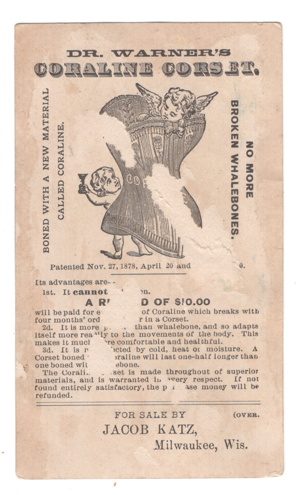 MILWAUKEE WI TRADE CARD, DR. WARNER’S CORALINE CORSET, sold by JACOB KATZ X623