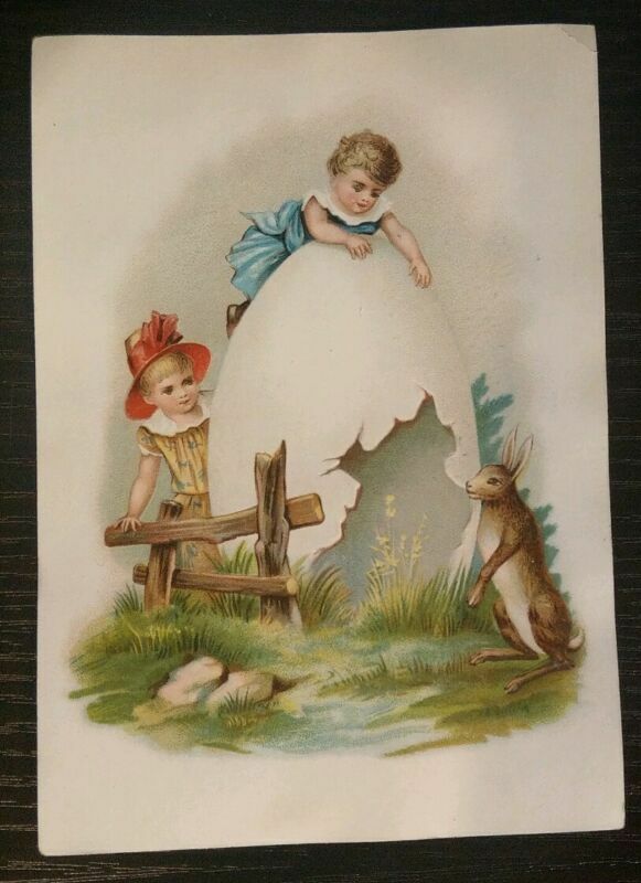 VTG LARGE J A POZZONI COMPLEXION POWDER TRADE CARD EMBOSSED CHILDREN EGG SPRING
