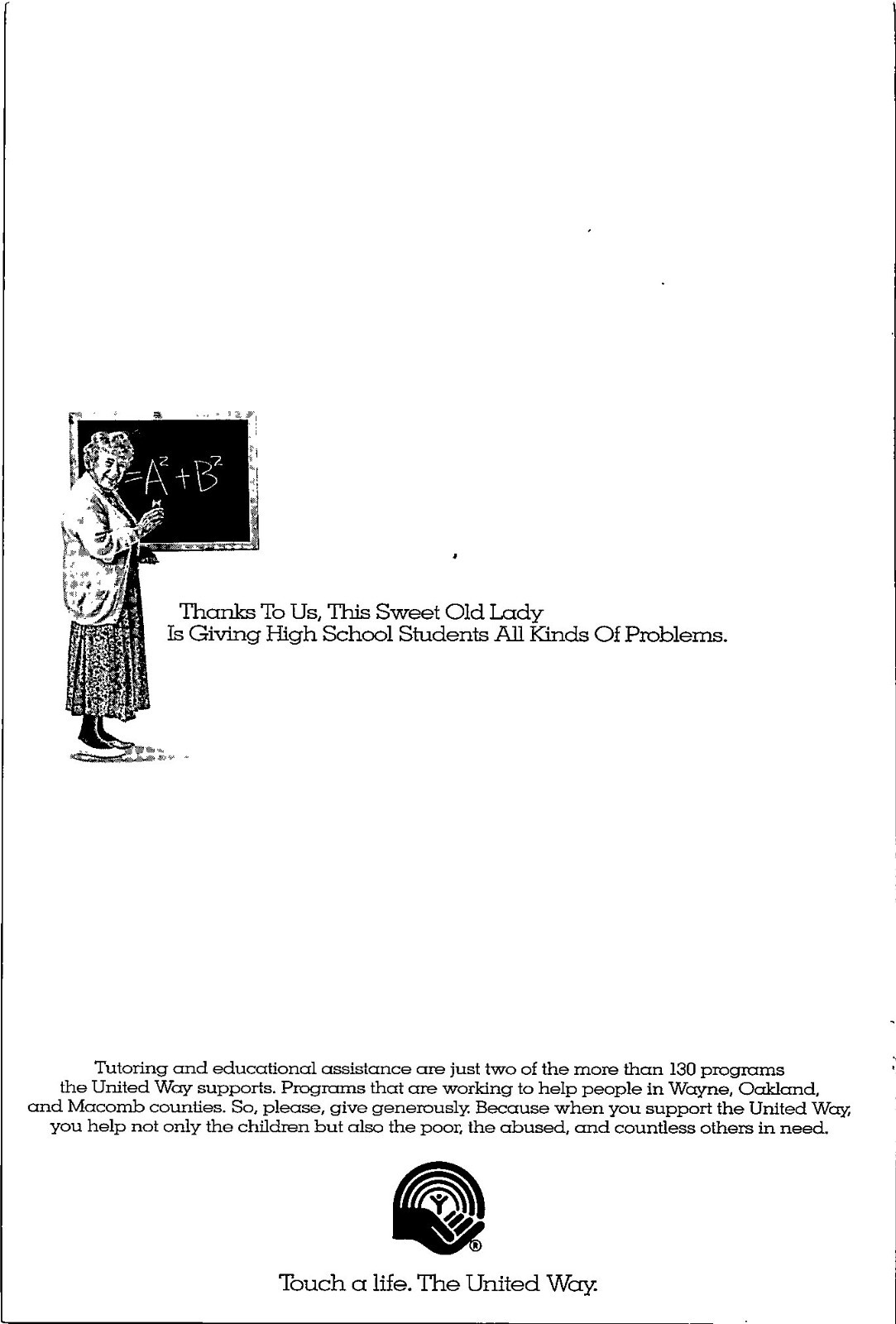 The United Way Old Lady Giving Students Problems Original Vintage Print Ad