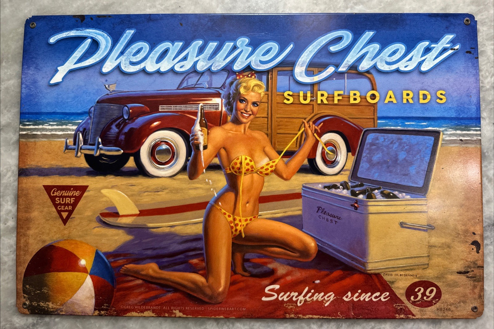 Pleasure Chest Surfboards Pin Up Metal Sign Greg Hildebrandt Vintage Garage Deco
