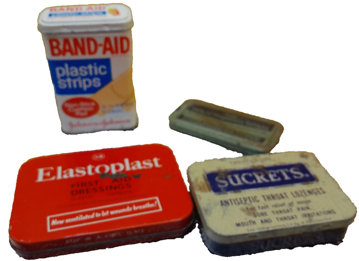 Band Aid Elastoplast Sucrets Rexall Milk Magnesia lot 4 tins medicine