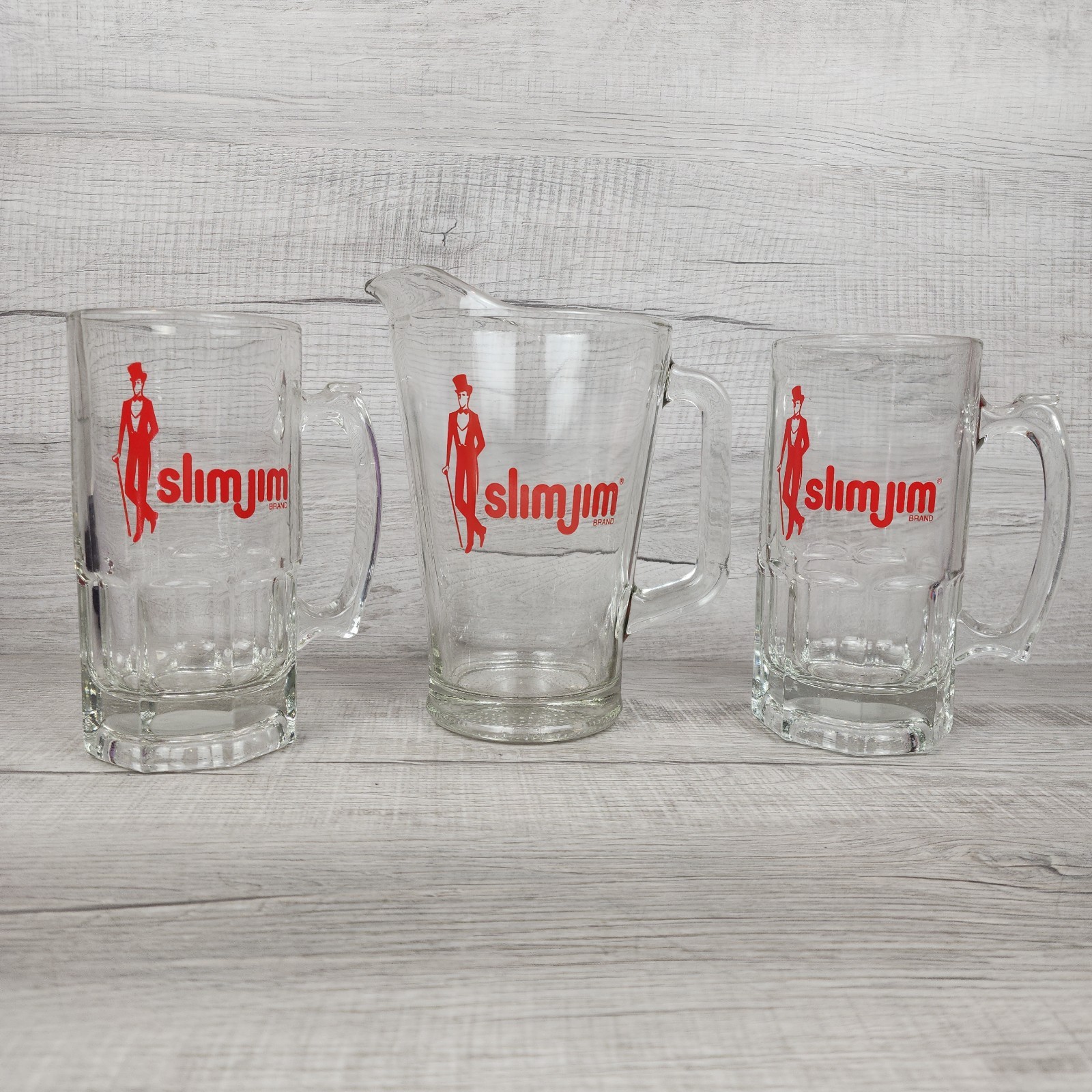 Vintage Slim Jim Glassware Set Promo Clear Glass Pitcher and 2 Beer Mug Steins