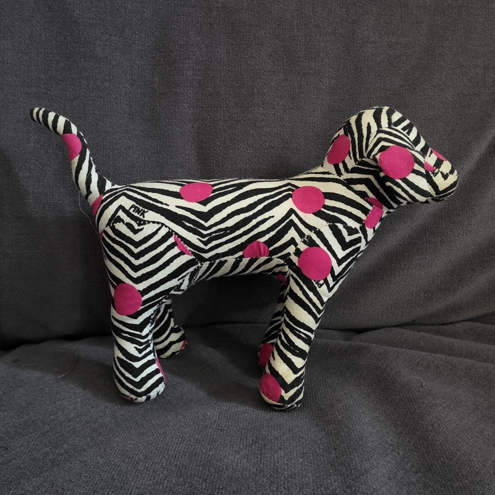 Victorias Secret PINK Stuffed Plush Dog White W Black Stripes & Pink Polka Dots