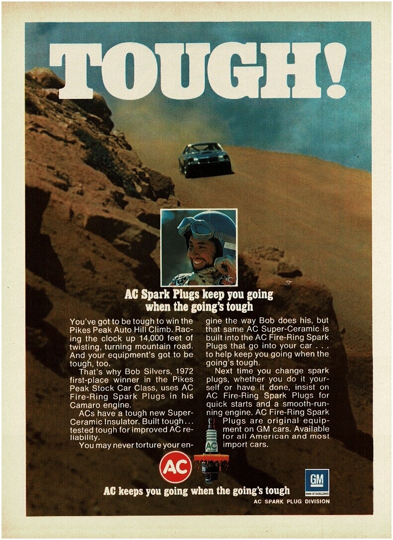 1972 AC Spark Plugs BOB SILVERS wins Pikes Peak stock car class Vintage Print Ad