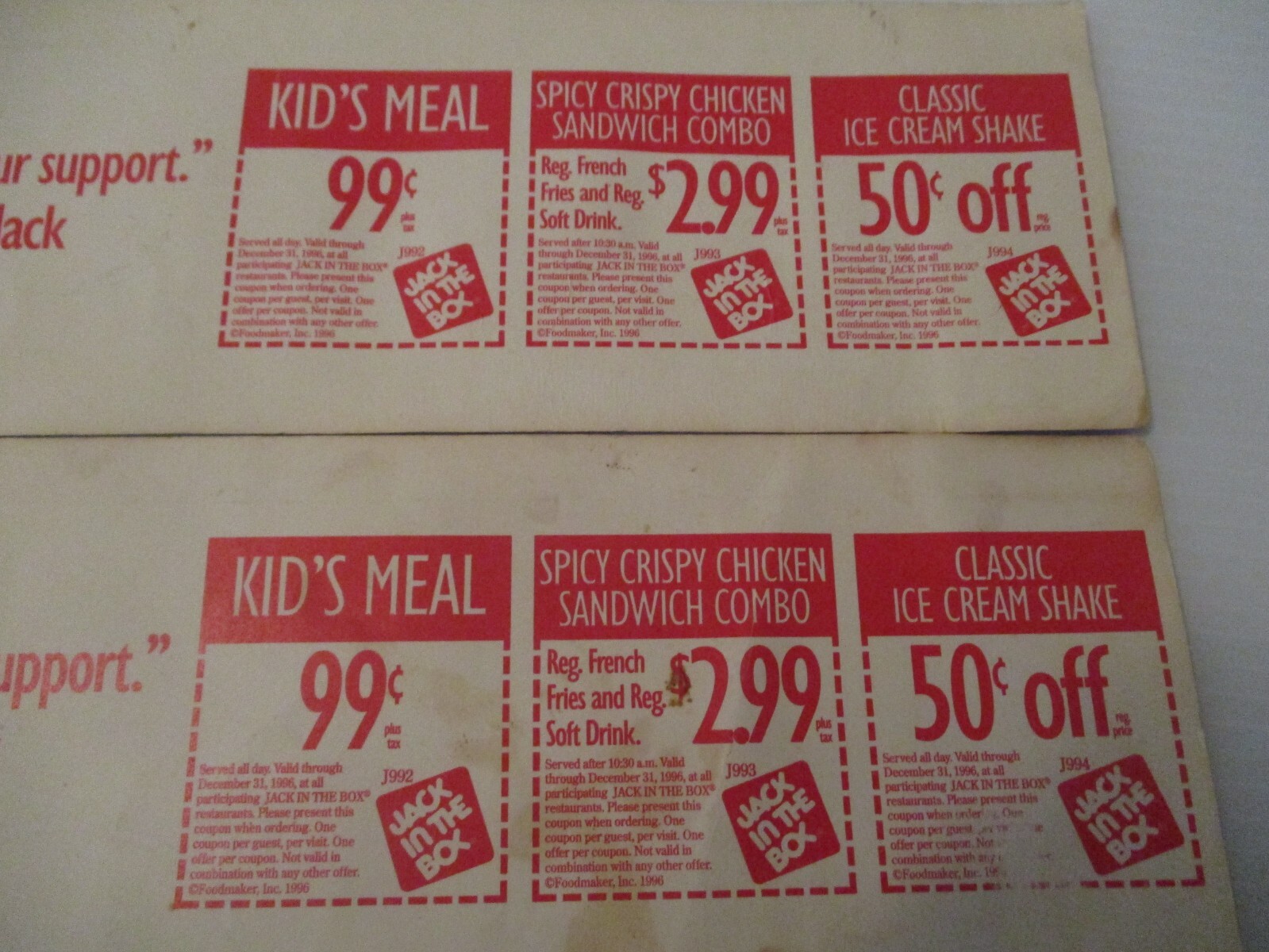 Back Jack In The Box for President Bumper Sticker 11.5″ x 4″ Vtg Coupons on Back