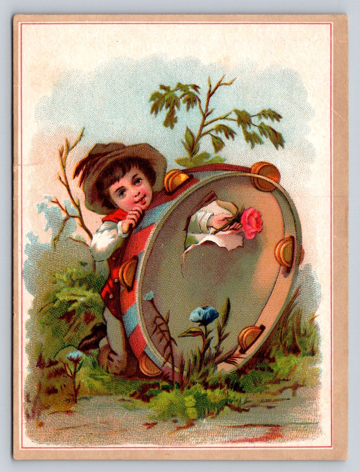 Boy Drum Pink Rose Flower City Soap Victorian Trade Card P634