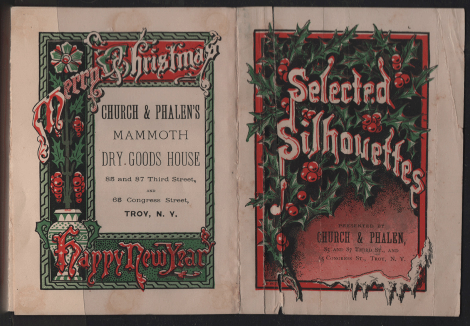 TROY NY TRADE CARD FOLDER, CHURCH & PHALEN’S DRY GOODS,12 DIFF SILHOUETTES C408