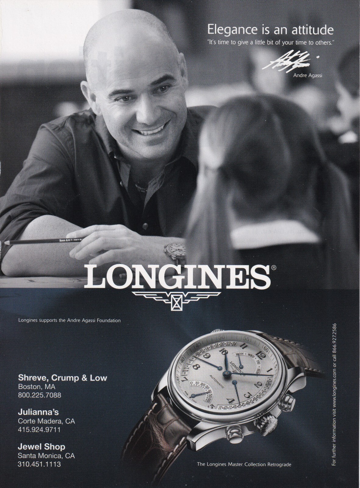 LONGINES Watch Magazine Print Ad jewelry accessory Andre Agassi 2000S VTG 2009