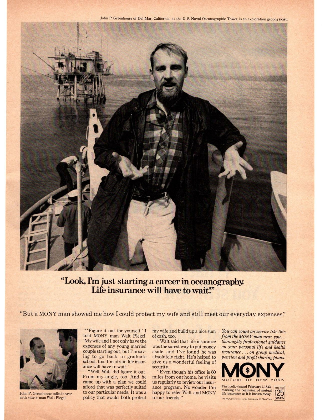 1967 Mutual Of New York Life Insurance U.S. Naval Oceanographic Tower Print Ad