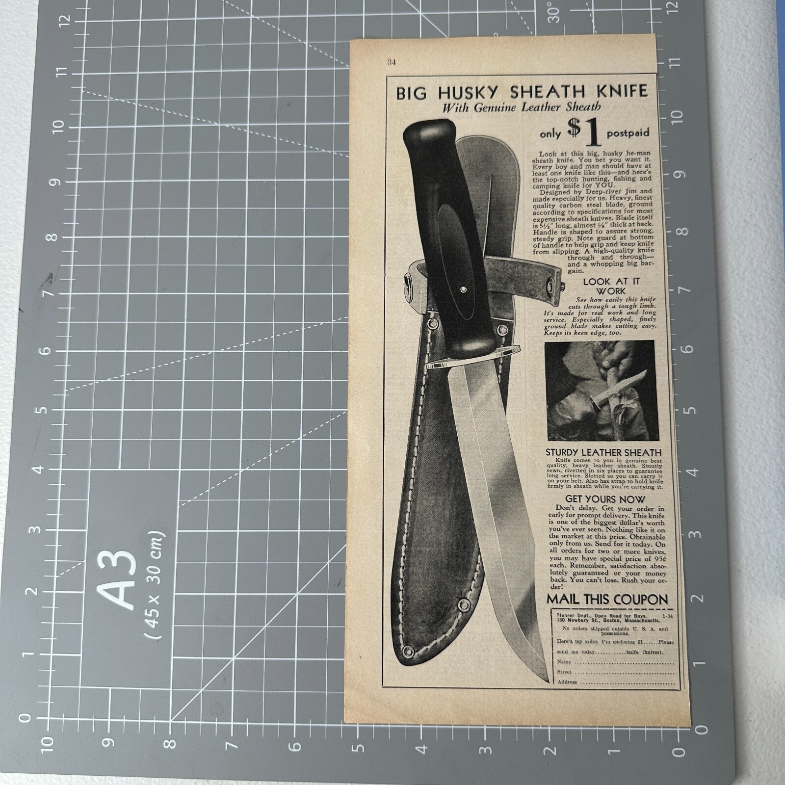 1934 Big Husky Sheath Knife Vintage Print Ad Depression Era Mail Order