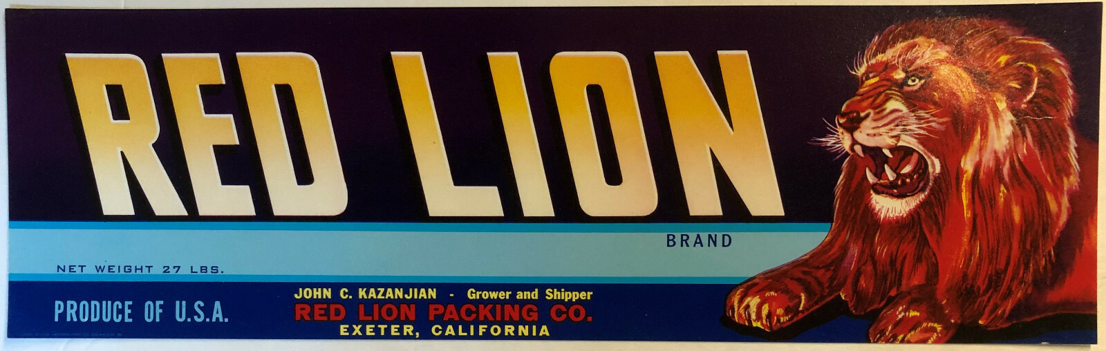 RED LION Brand Original Unused Vintage Fruit Crate Label Exeter, California