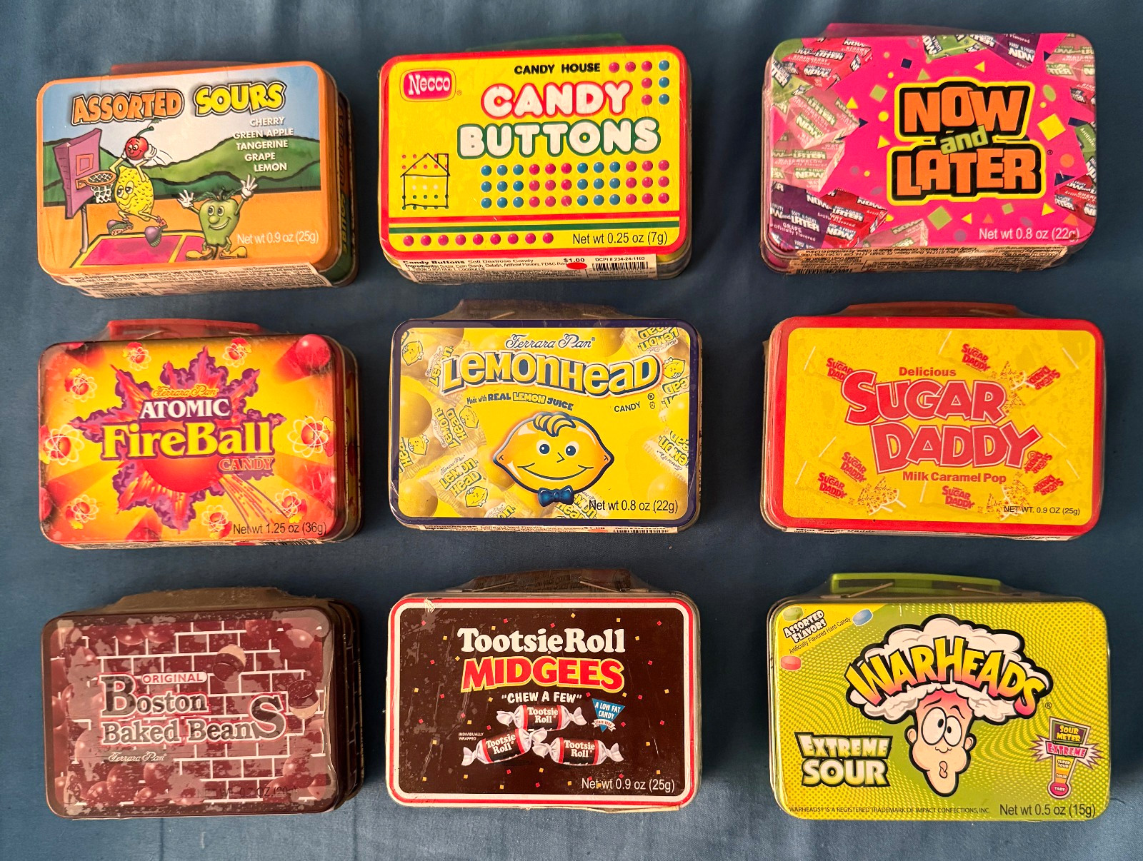 Lot of 9 Vintage 2000s Mini Lunch Box Candy Tins SEALED Sugar Daddy Warheads