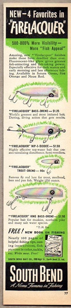 1950 Print Ad South Bend Firelacquer Fishing Lures Bass Trout Oreno Nip-I-Diddee