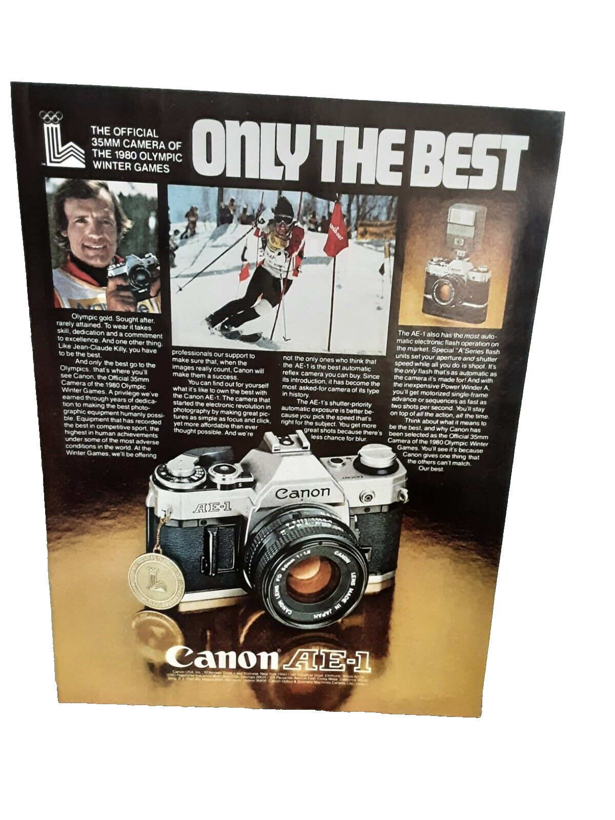 1979 Canon AE1 Camera Jean Claude Killy Olympics Original Print Ad