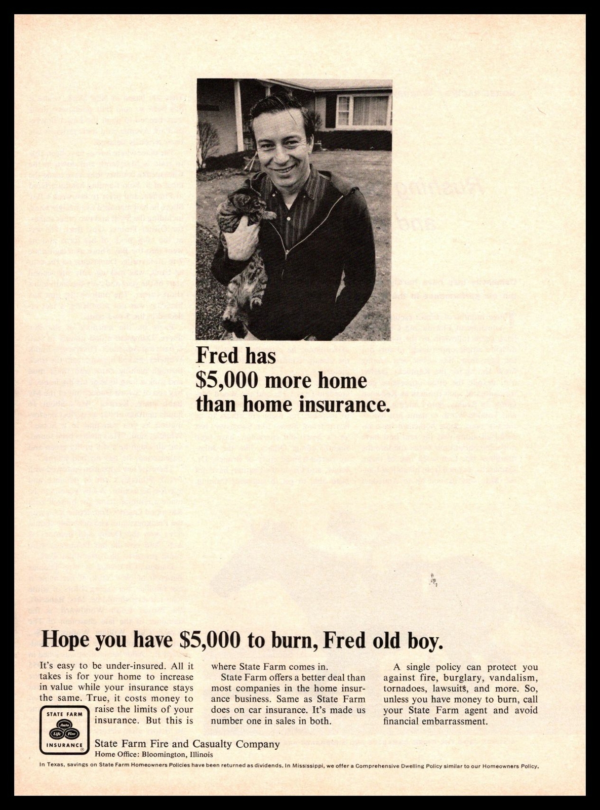 1967 State Farm Home Owners Insurance Policy Holder “Fred” Cat Vintage Print Ad