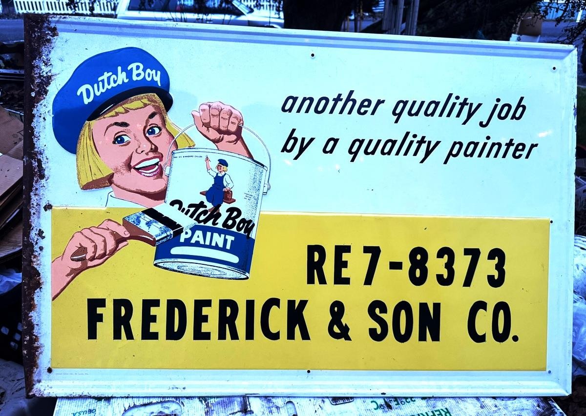 Vintage Dutch Boy Paints Sign Embossed Tin Litho Advertising Character 23″x35″