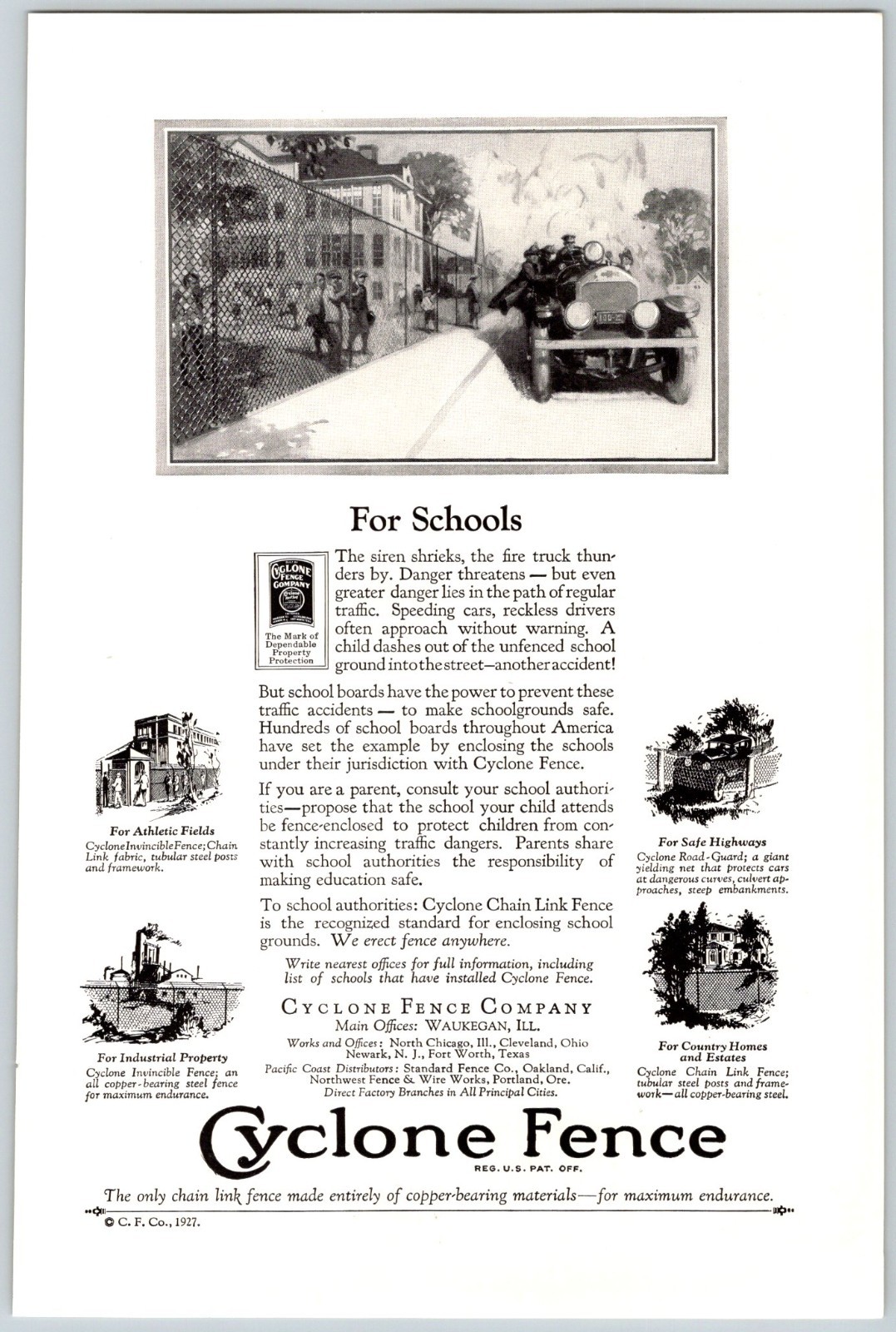 CYCLONE FENCE FOR SCHOOLS Vintage 6.5″x10″ Magazine Ad 1920’S M748 I