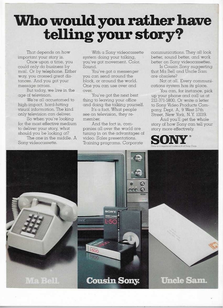 Sony Videocassette Ma Bell Cousin Sony Uncle Sam 1978 Vintage Advertisement