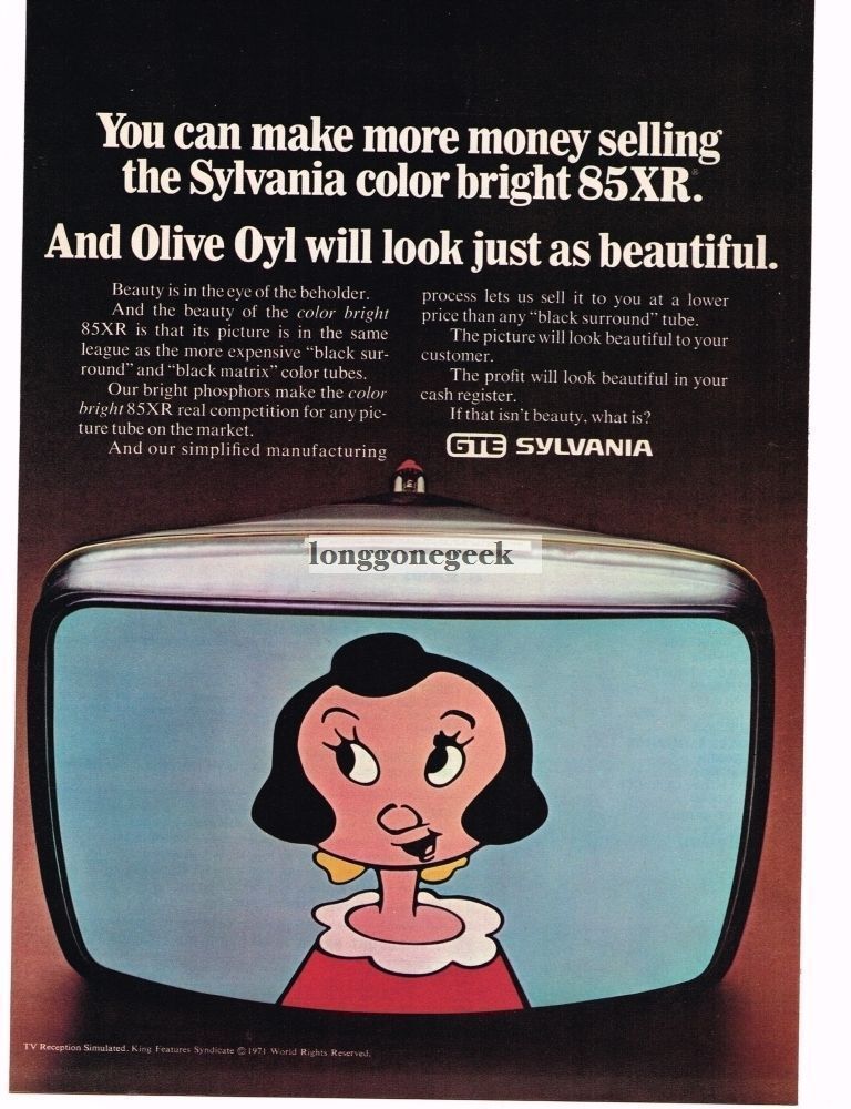 1971 GTE Sylvania Color TV Picture Tube Replacement Olive Oyl Vintage Ad