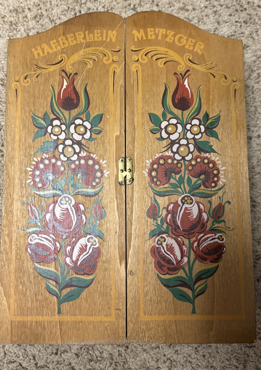 VTG Germany Haeberlein Metzger FLORAL HAND PAINTED WOOD CURIO CABINET DOVE TAIL