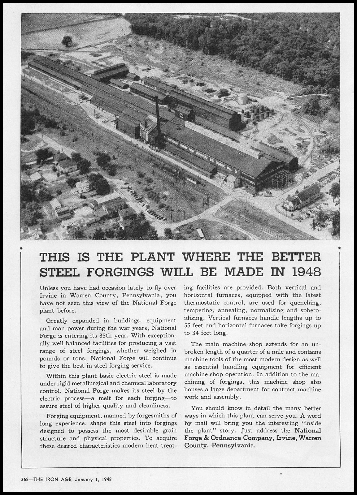 1948 National Forge Steel Plant Aerial View Photo Irvine Pennsylvania Print Ad