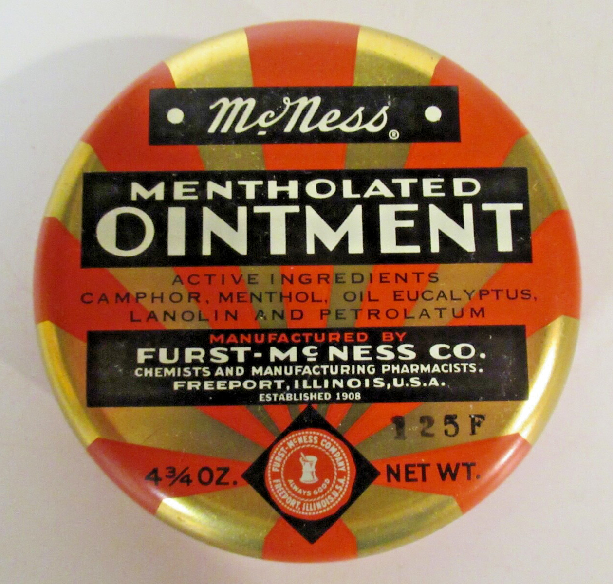 Vintage McNess Mentholated Ointment Round Metal Tin Furst McNess Co Freeport IL
