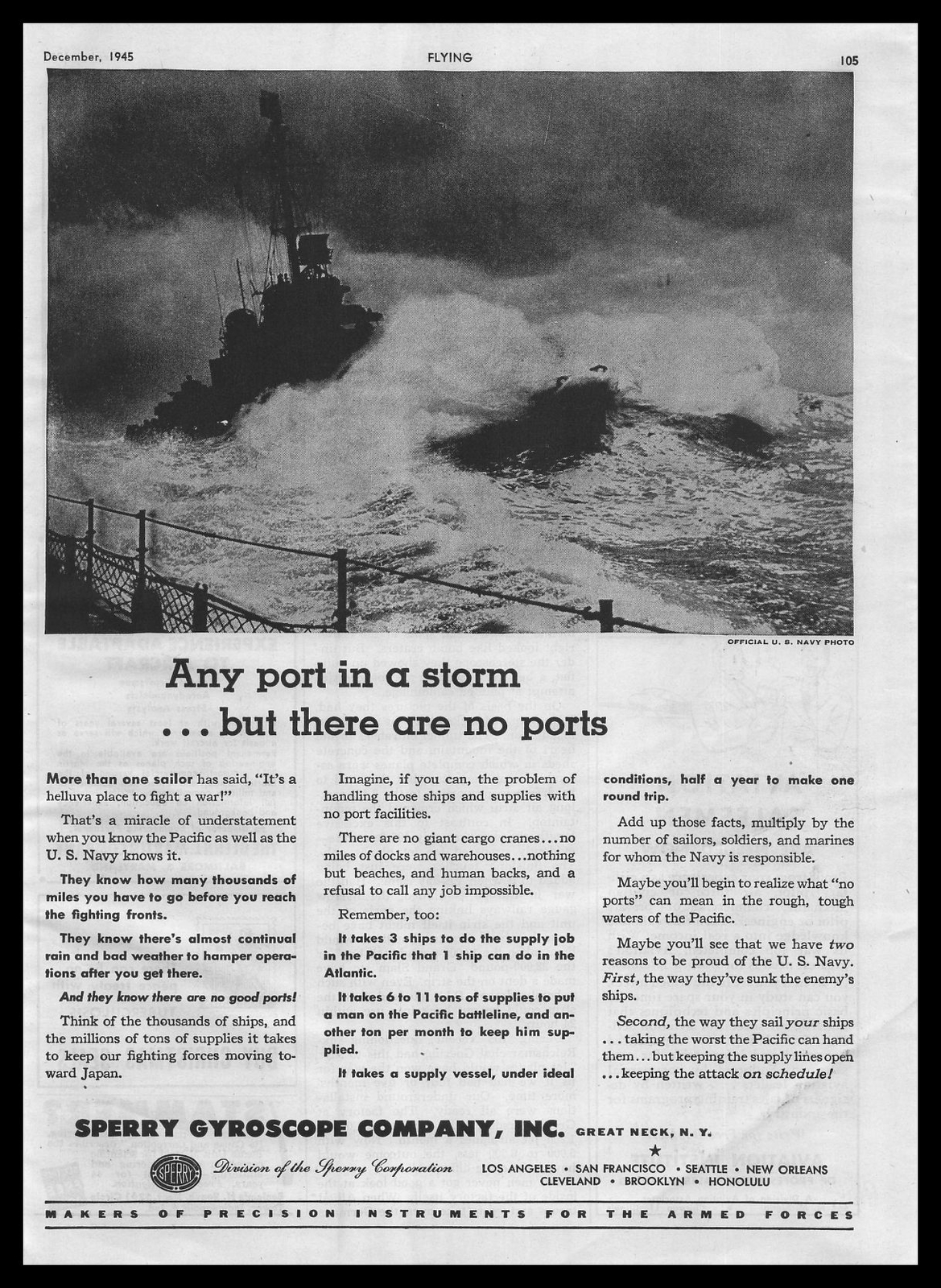 1945 Sperry Gyroscope Great Neck New York WWII Battleship US Navy Photo Print Ad