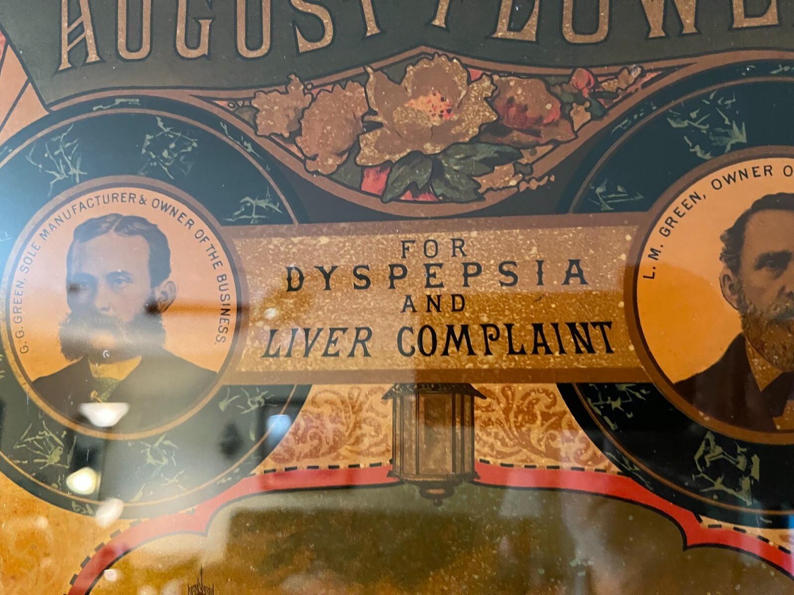Rare August Flower German Syrup Quack Medicine Reverse Painted Sign on glass