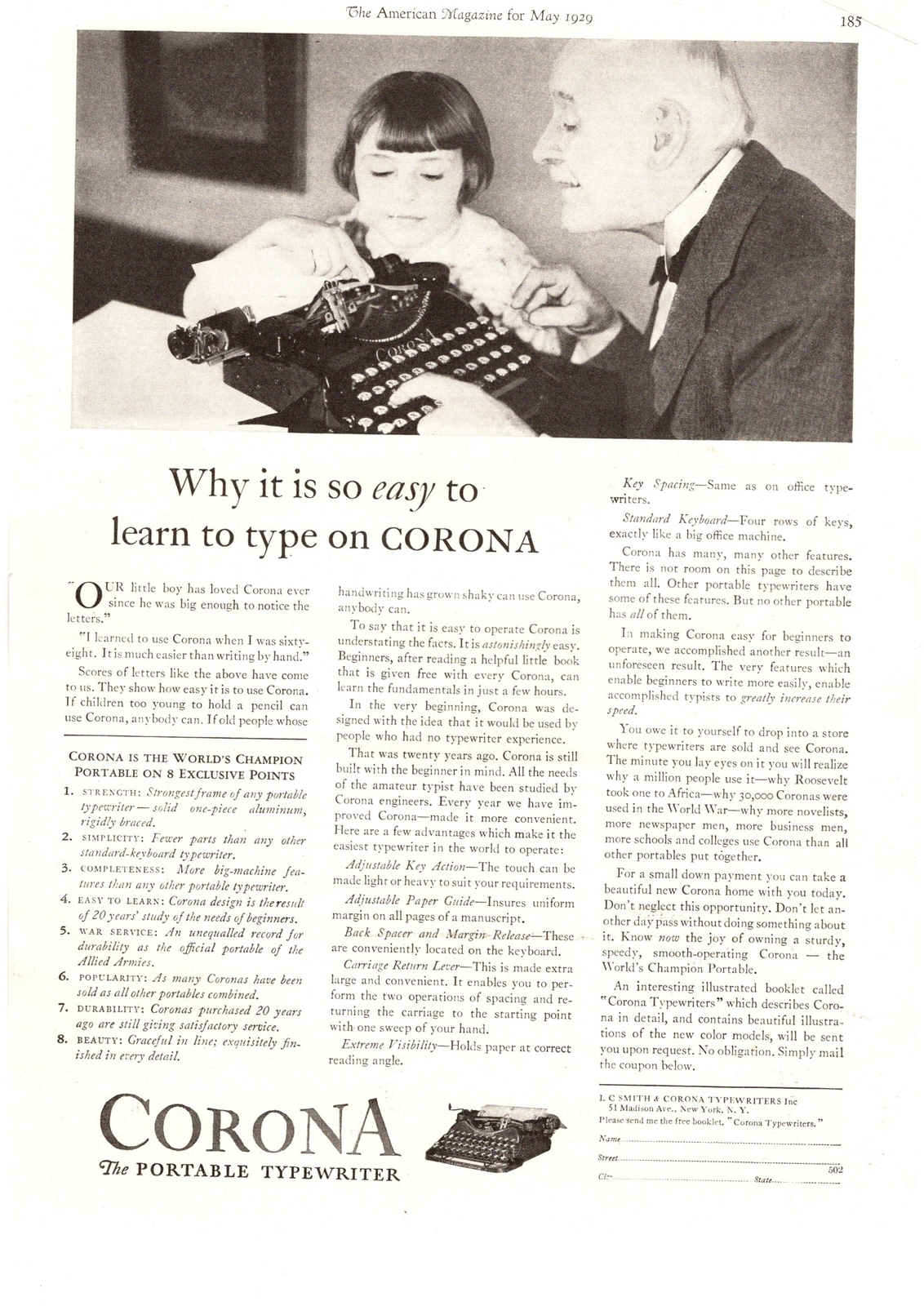 1929 L C Smith Corona “The Portable Typewriter” Typewriting Lesson Book Print Ad